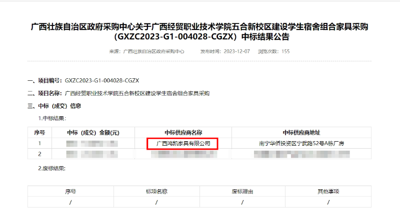 鴻凱家具公寓床中標(biāo)公告